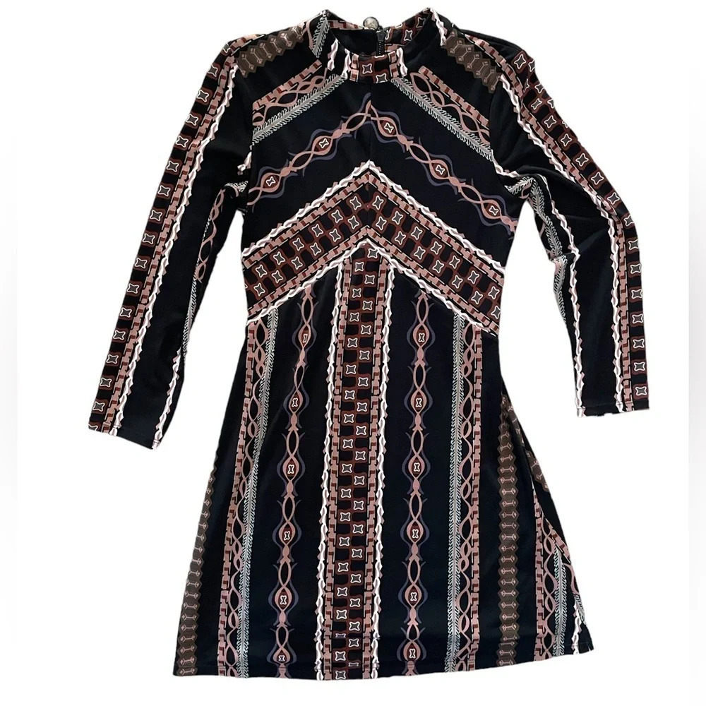 Free People Stella Mini Dress Size XS Long Sleeves Stripes Boho Zip Back Retro